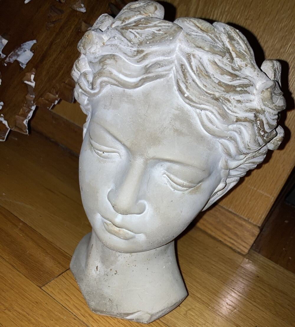 Fleur de lis Anthropologie Greek Roman Goddess Head Cement Planter Pot Vase